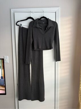 Fashion Nova Ribbed Wide-Leg Pants & Cropped Polo Top - Dark Gray